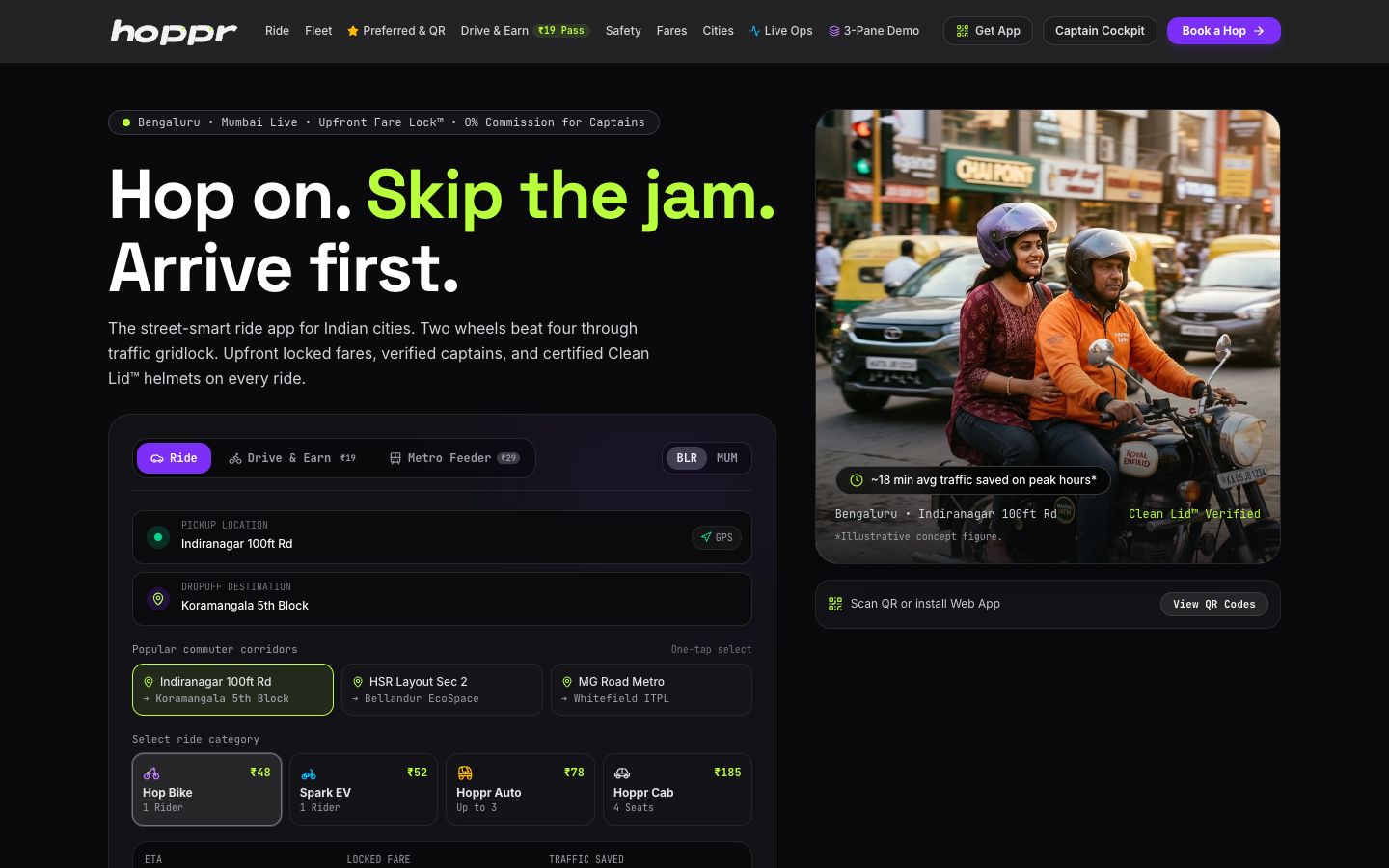 Hoppr marketing website hero: Hop on. Skip the jam. Arrive first.